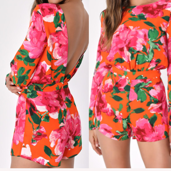 LULU'S S Sweetest Song Orange Floral Print Backless Long Sleeve Romper NEW B63 - Picture 1 of 7